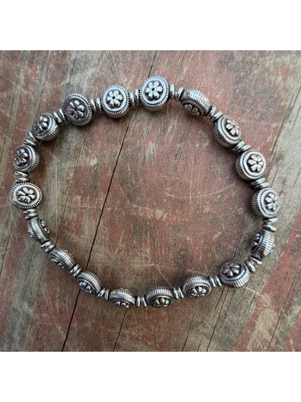 Antique Silver-Tone Flower Beaded Bracelet With Boho Design